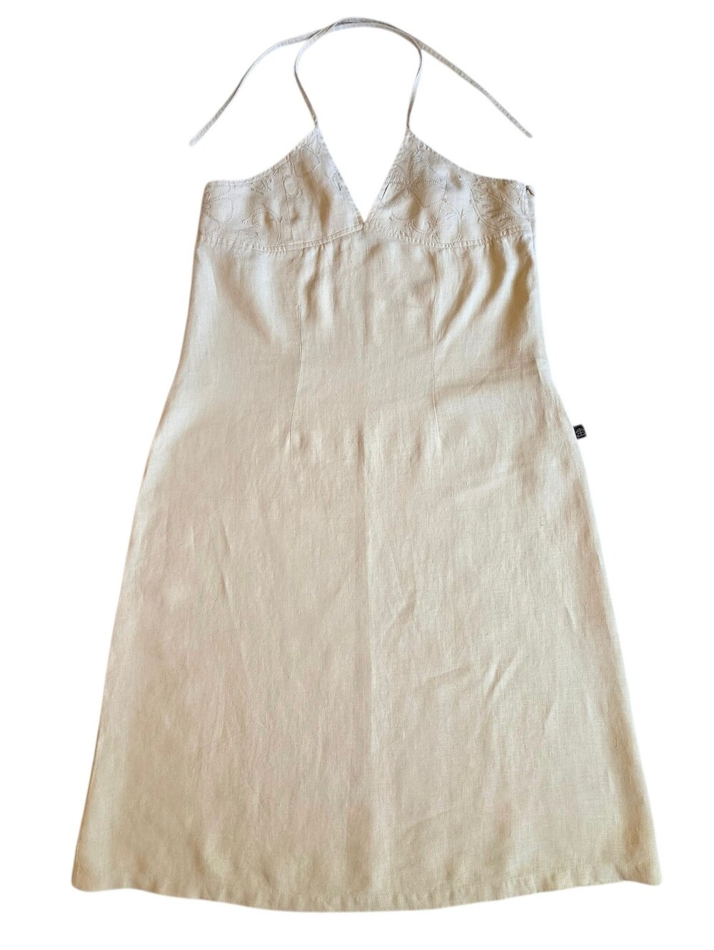 Vtg Elizabeth Emanuel 100% Linen Halter Dress Embroidered 16 UK,  L (10-12) US